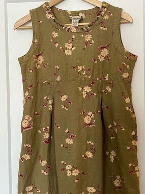 Vintage April Cornell Green Floral Embroidered Flax/Linen Blend Midi Dress S